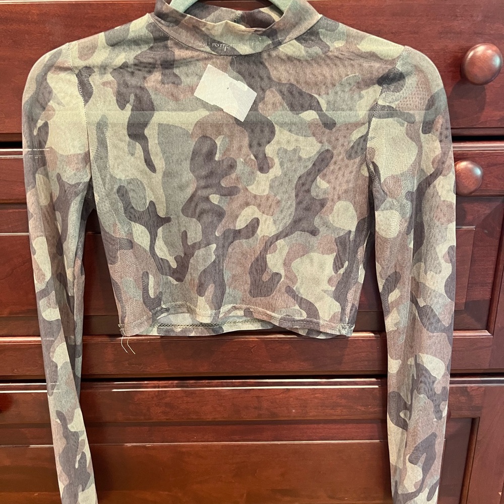 Pretty little thing camo mesh cropped top long sleeve
